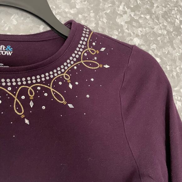 Croft & Barrow Purple Holiday Trim Long Sleeve Tee - Size Small - Christmas Top - Picture 2 of 5